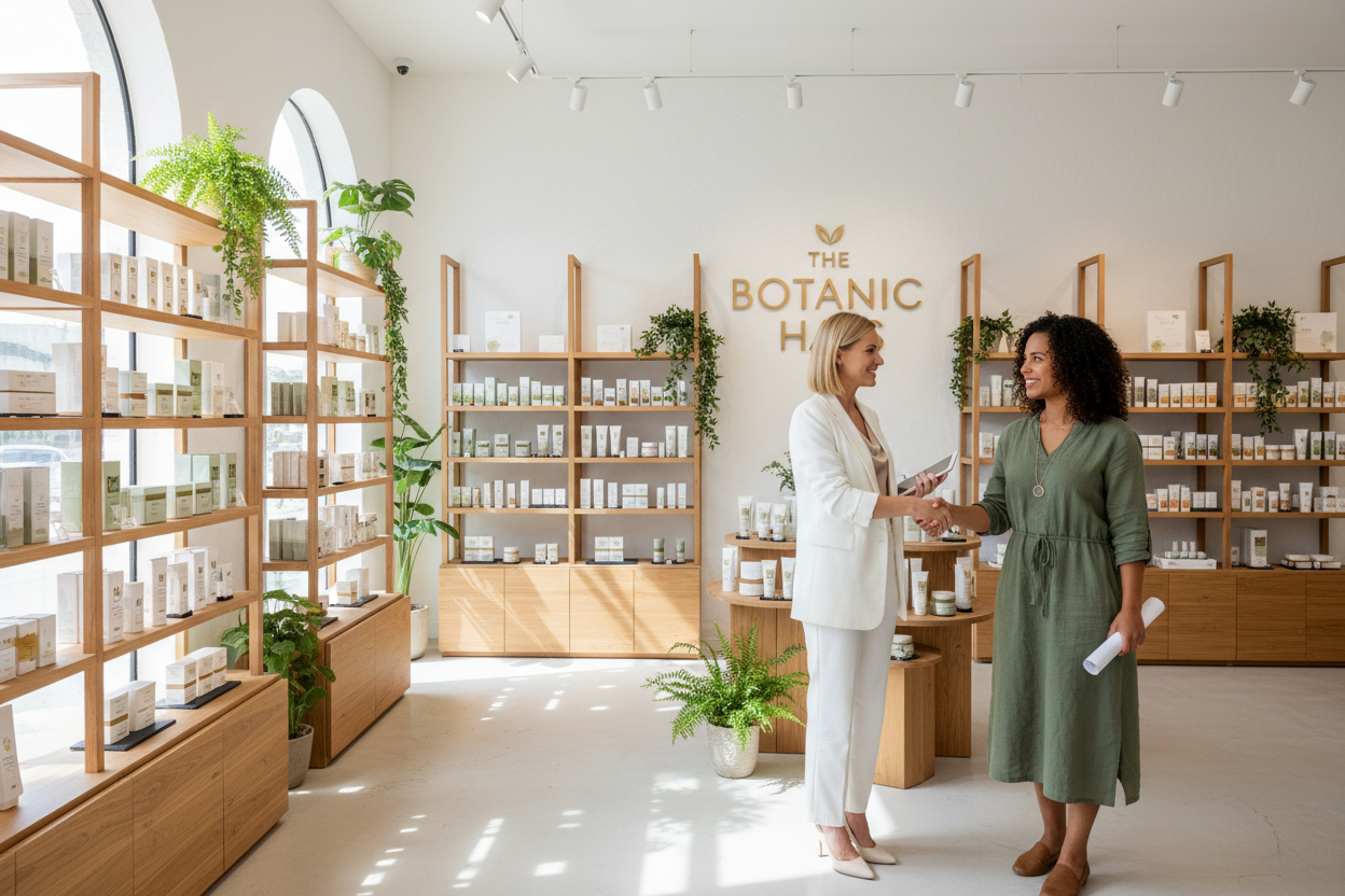 Une image qui représente une collaboration B2B réussie entre vaitsi cosmetics et un concept store de cosmétiques naturels.