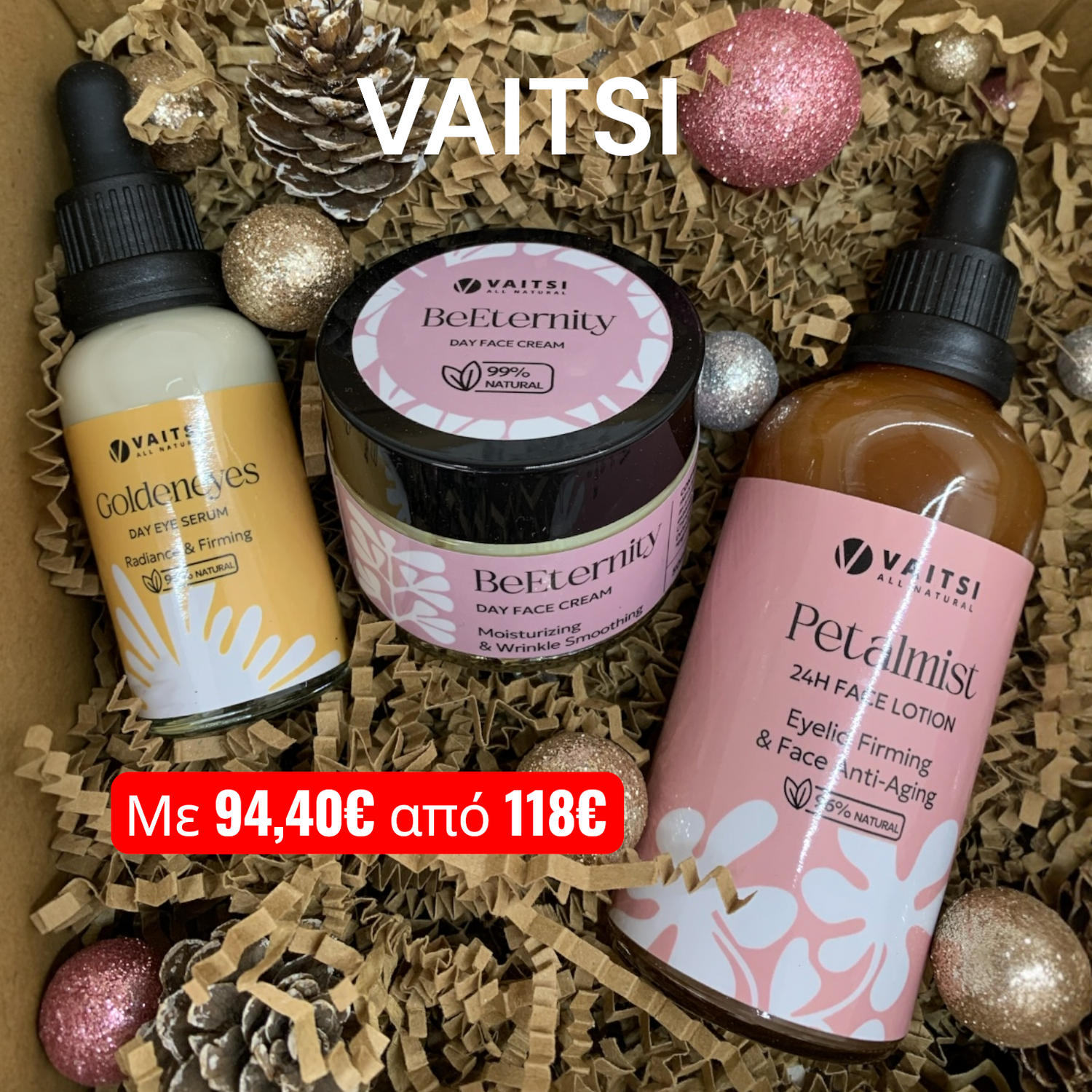 Coffret hydratant VAITSI Eternity Elixir Collection avec crème de jour BeEternity, lotion 24 heures Petalmist et sérum contour des yeux de jour.
