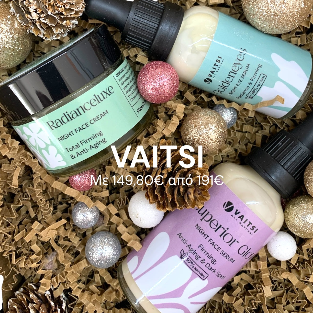 Coffret de Noël VAITSI Trilogy of Glow avec sérum de nuit bio, crème visage et sérum contour des yeux pour un teint éclatant.