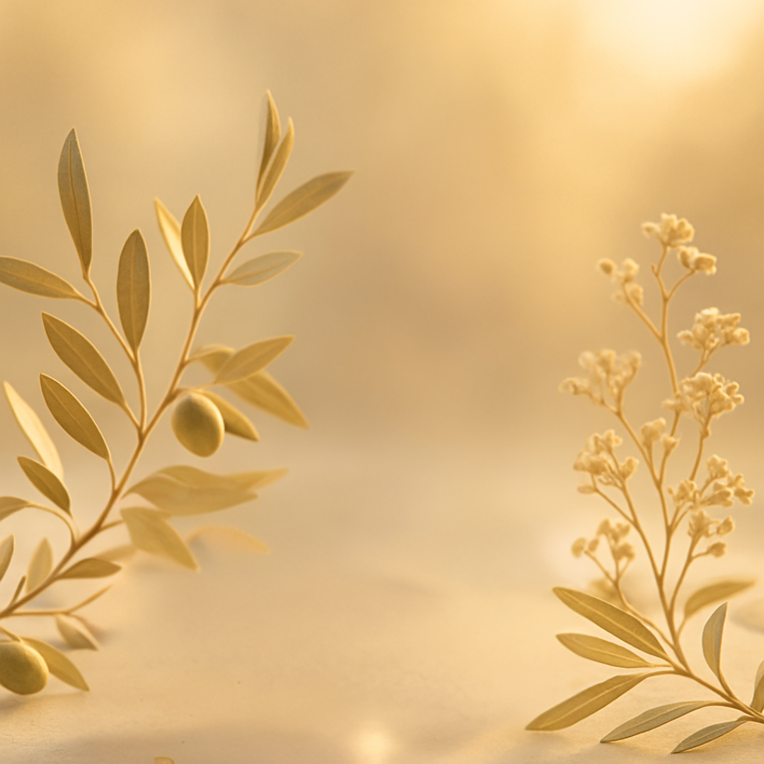 Elegant, high-end photography style. Delicate golden olive branches and subtle Greek wildflowers.