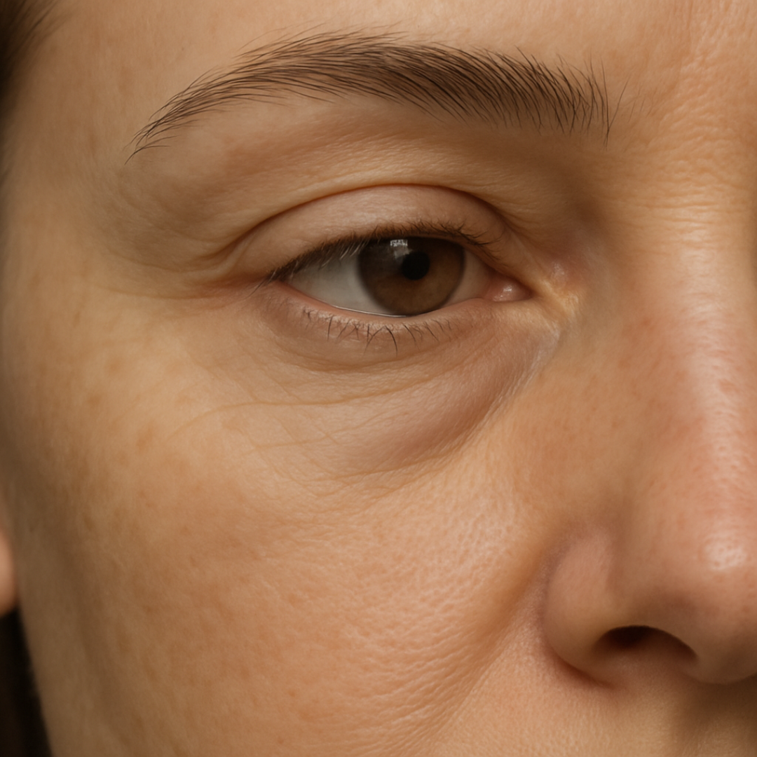 Close-up portrait of a woman's eye area (under-eye and outer corner). Skin shows very subtle signs of fatigue: very fine lines, slight dullness, and minimal puffiness. Natural, soft studio lighting. Photorealistic, high detail, clean skin texture. Neutral expression, looking slightly to the side. Avoid harsh shadows.