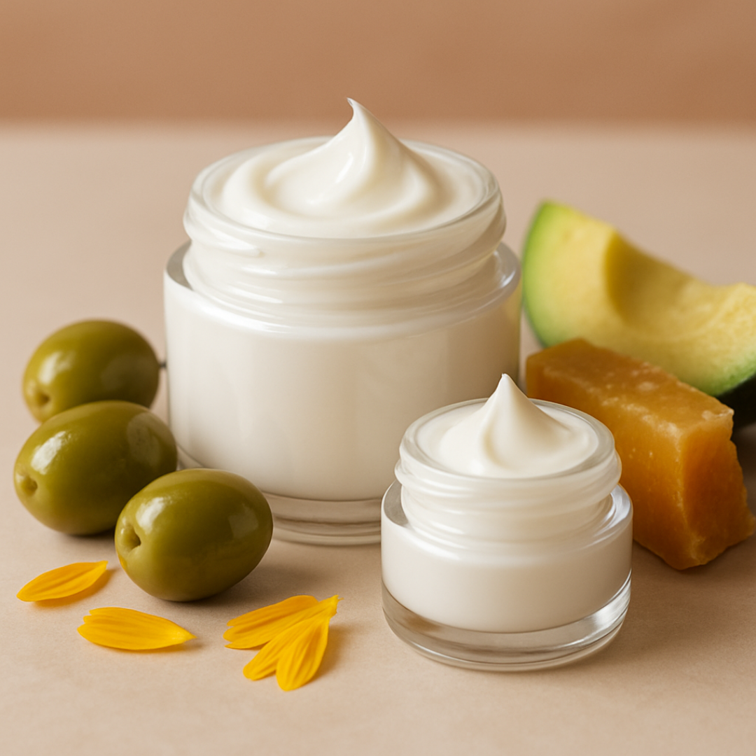 Elegant, high-end product photography. Focus on creamy texture and rich ingredients. A luxurious white face cream jar and a small eye cream jar, surrounded by glistening organic Olives and soft yellow Calendula petals. The composition should also feature a piece of rich, golden Beeswax and a slice of Avocado. Soft, diffused lighting, shallow depth of field. Minimalist background in pale terracotta or clean white. Photorealistic, high resolution.