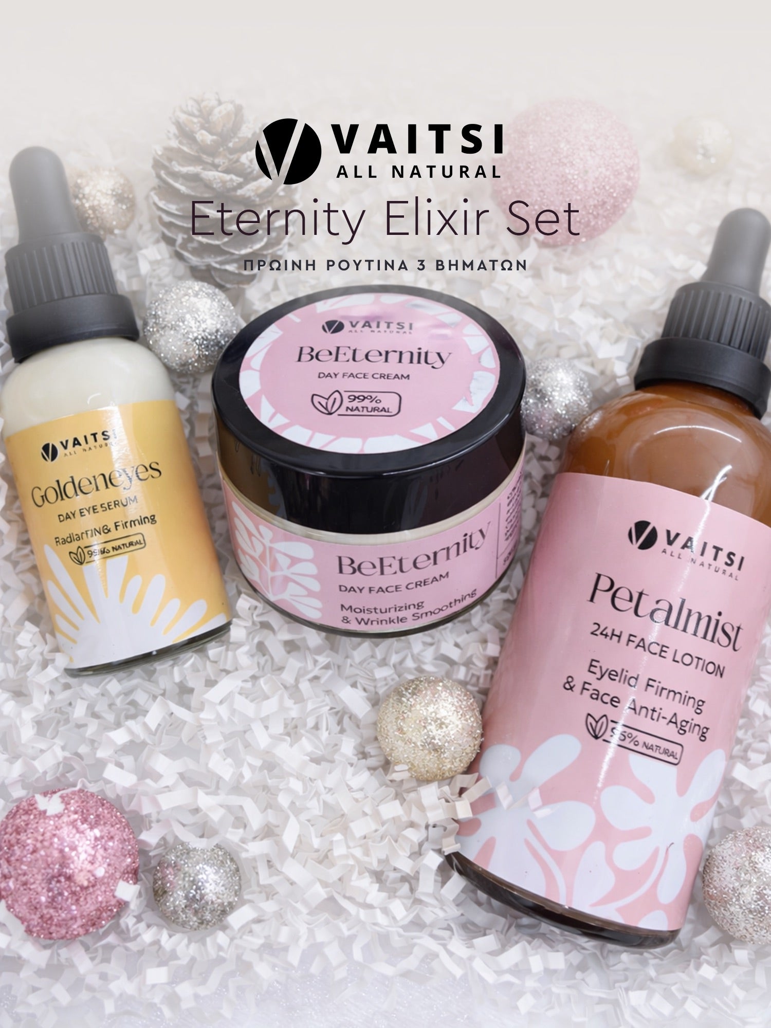 With BeEternity day cream, Petalmist 24-hour lotion, and day eye serum. 