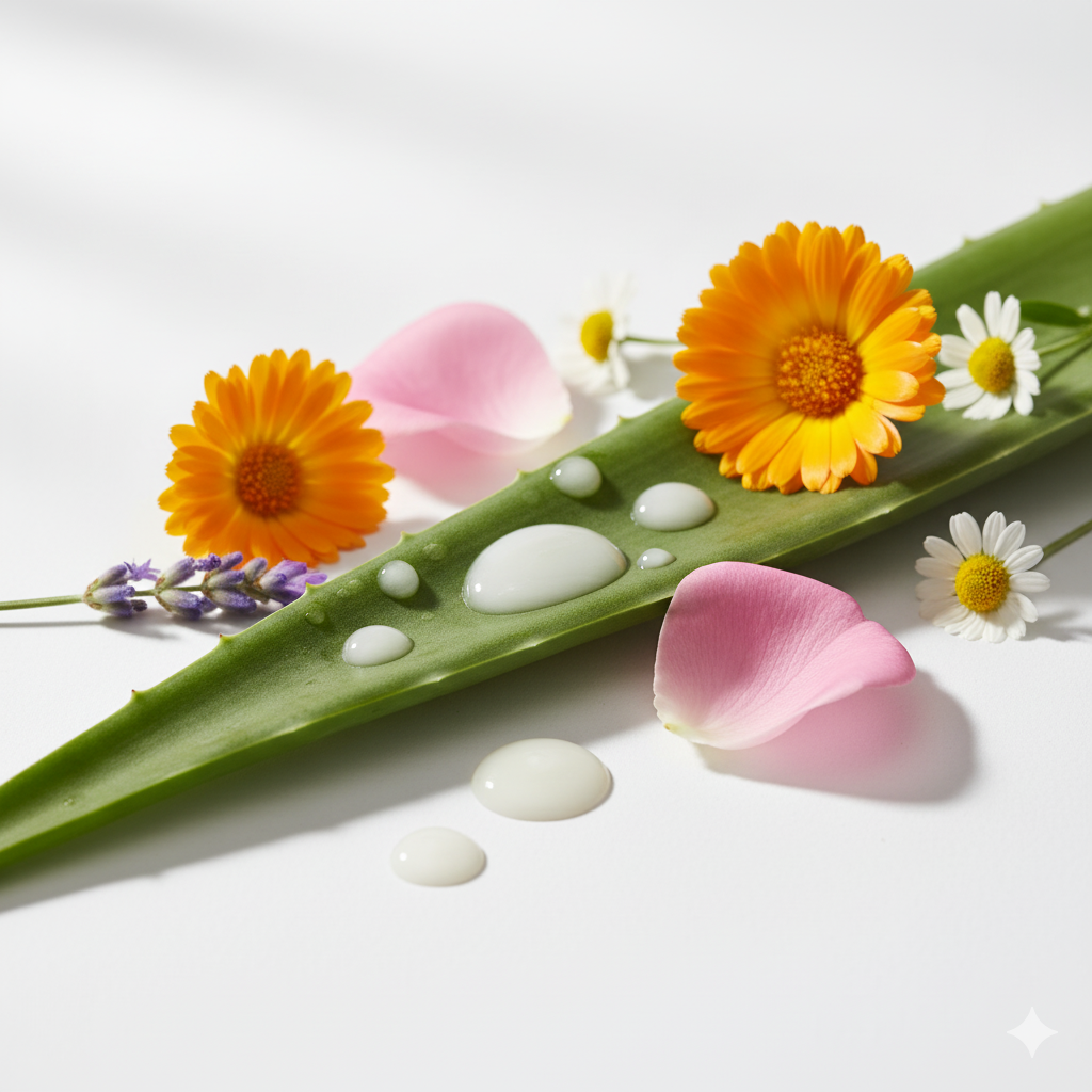 Elegant, high-end product photography style. Focus on natural serum ingredients. A delicate arrangement featuring droplets of a smooth, white serum alongside fresh Aloe Arborescens leaves, soft pink Rose petals, vibrant Calendula flowers, and subtle sprigs of Lavender and Chamomile. All bathed in soft, diffused morning light. The composition should evoke purity, potency, and natural science. Minimalist, clean white or very light grey background with gentle shadows. Photorealistic, high resolution.