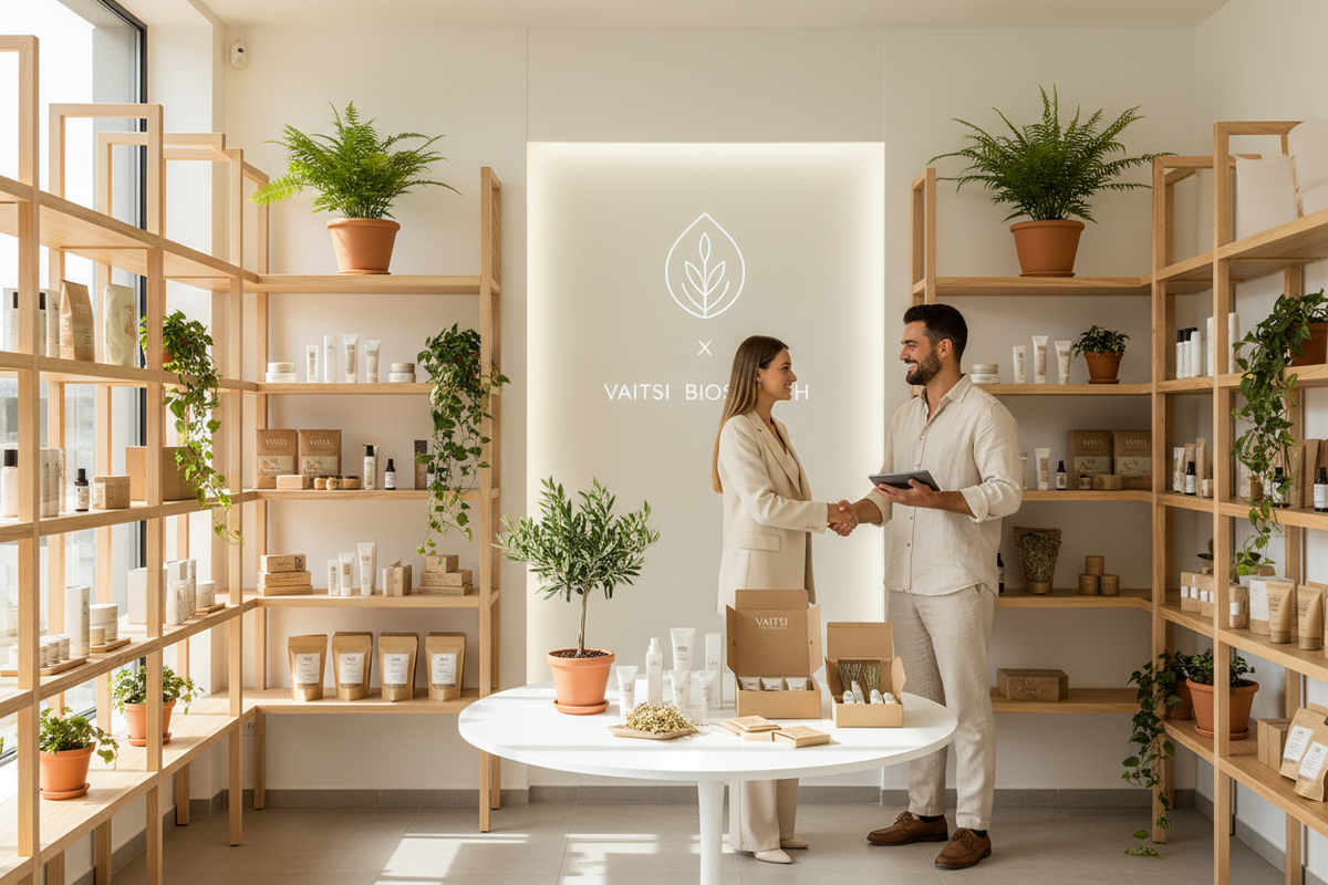 une image qui représente une collaboration B2B fructueuse entre Vaitsi Cosmetics et un magasin biologique proposant des produits naturels 