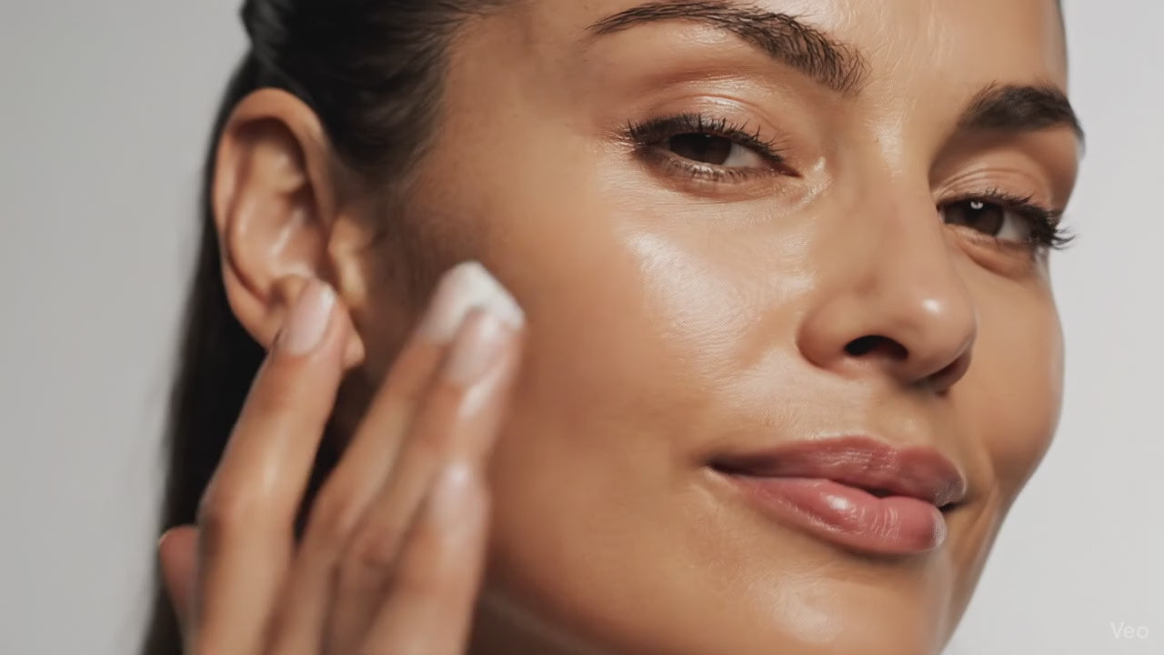 Elegant macro shots of the finished VAITSI products being applied to a woman's face (Christina aesthetic). Focus on the skin absorbing the product instantly, achieving a radiant, balanced glow. Include a close-up on the eye area.