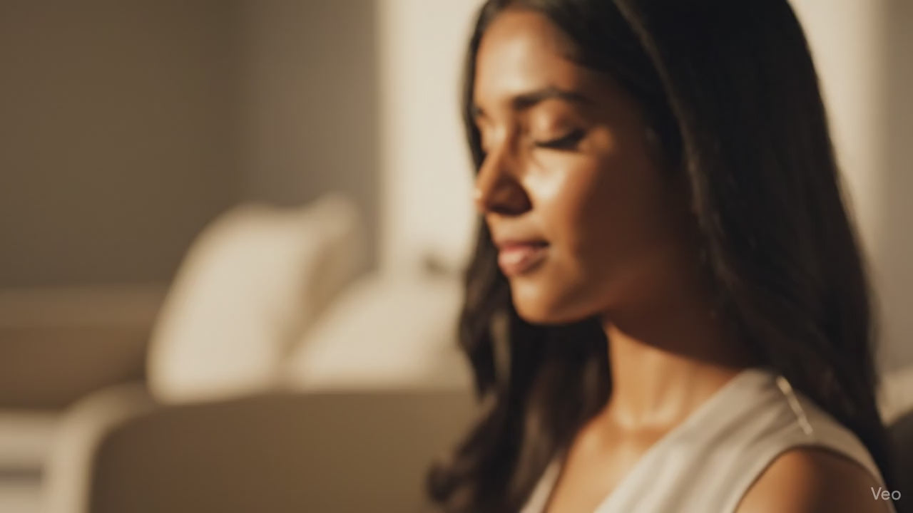 Révélation de la Peau Radieuse: Pillar : Résultat Visible. Met l'accent sur la transformation et le bien-être de la peau. Le fade au logo ancre le résultat à la marque. PROMPT: Slow cinematic push-in on a woman's serene face, transitioning from a soft focus to crystal-clear detail, revealing visibly healthy, plump, and deeply hydrated skin glowing with natural radiance. Ends with a quick, elegant fade to the VAITSI logo (all caps, white on dark). Style: Warm, diffused natural light, minimalist high-end aest