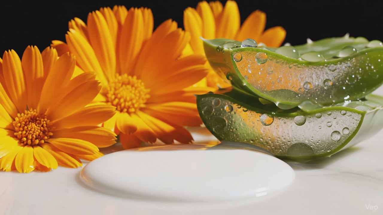Quick cuts transitioning from fresh Greek botanical ingredients (like calendula and aloe) into luxurious cosmetic textures: a close-up of a drop of white serum spreading, a creamy texture being gently blended, and a scoop of rich, golden beeswax-toned balm. Use slow-motion and macro shots to emphasize the clean, artisanal process and product quality. Minimalist, high-end studio lighting.