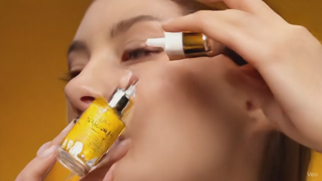A highly cinematic, continuous slow-motion shot of a beautiful woman, Christina, gently applying a clear, luxurious face serum to her cheek. The serum slowly spreads, emphasizing the smooth, radiant skin texture. The scene features soft, golden natural light, creating an elegant, minimalist aesthetic.