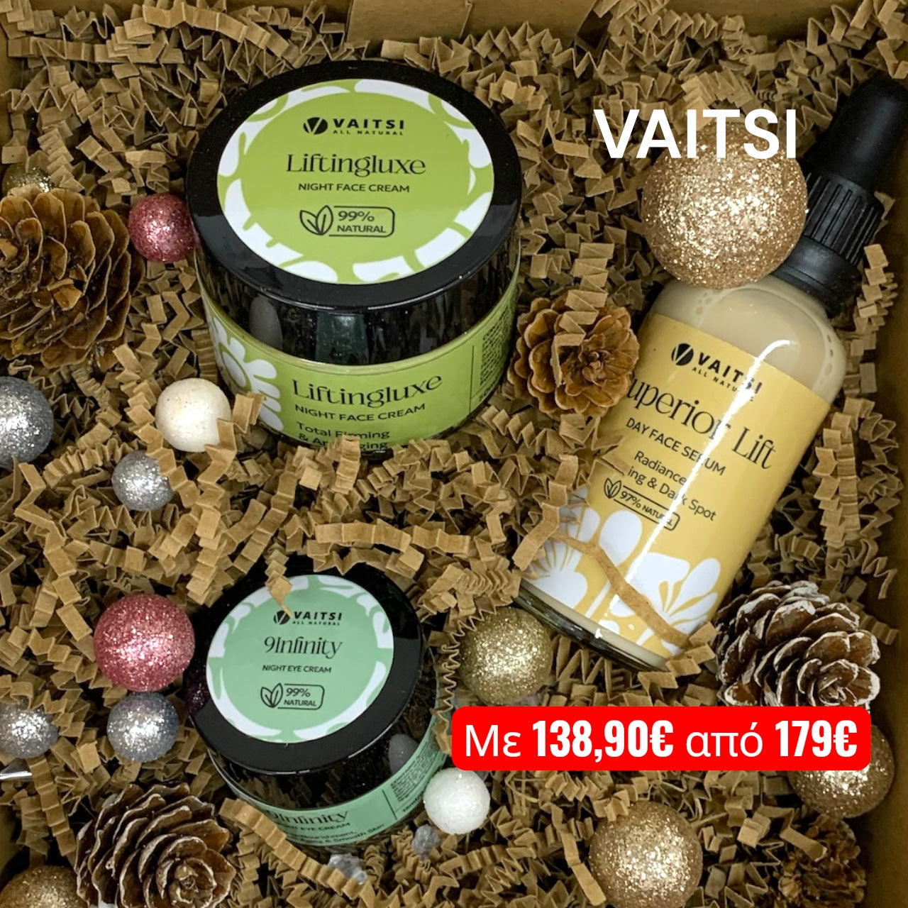 VAITSI The Ultimate Luxe Collection, pack anti-âge et effet lifting haut de gamme à base d'ingrédients biologiques.